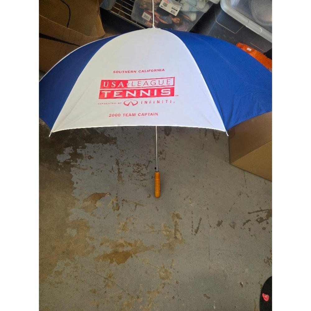 Vintage USA League Tennis 2000 Team Captain Golf Umbrella Blue White Infiniti